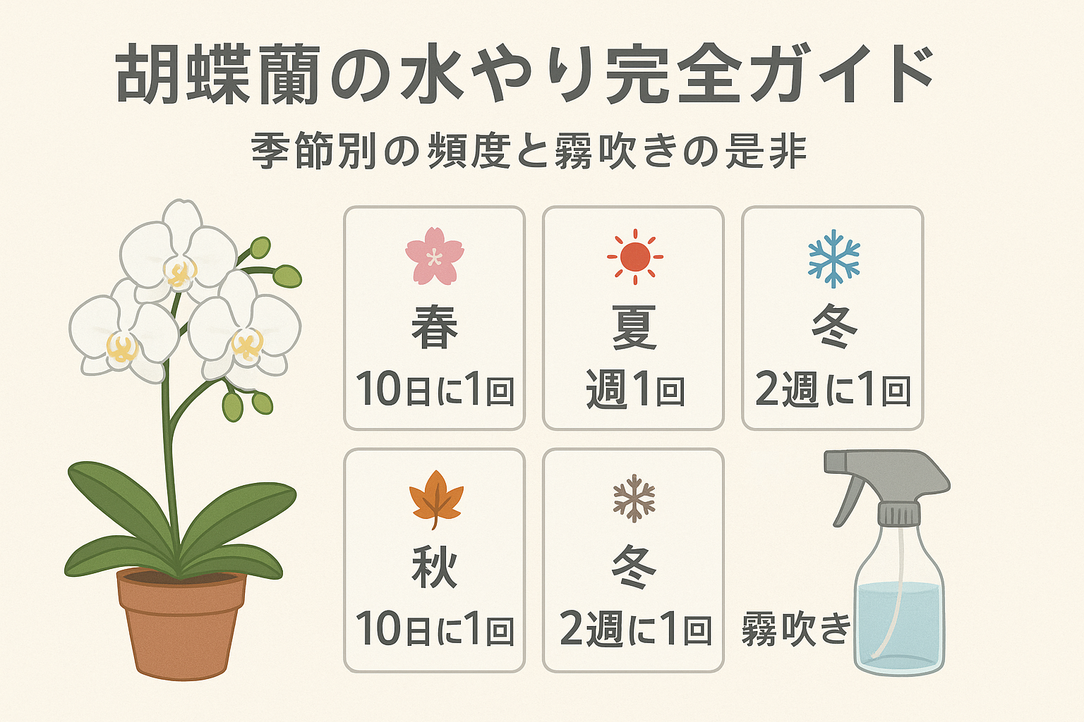 胡蝶蘭の水やり完全ガイド｜季節別の頻度と霧吹きの是非 4
