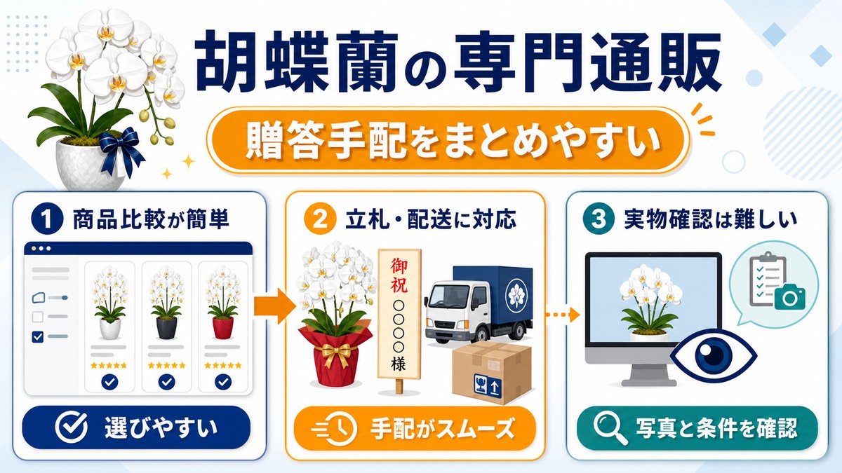 胡蝶蘭専門通販の利点と注意点を示す比較図