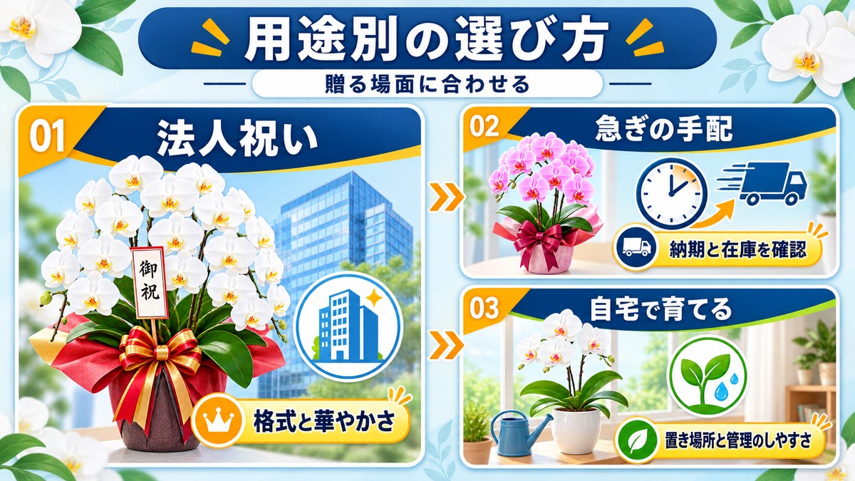 開店祝いや自宅用など胡蝶蘭の用途別購入先を示す図解