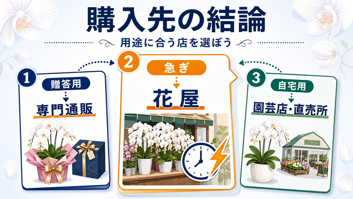 胡蝶蘭のおすすめ購入先を目的別にまとめた図解