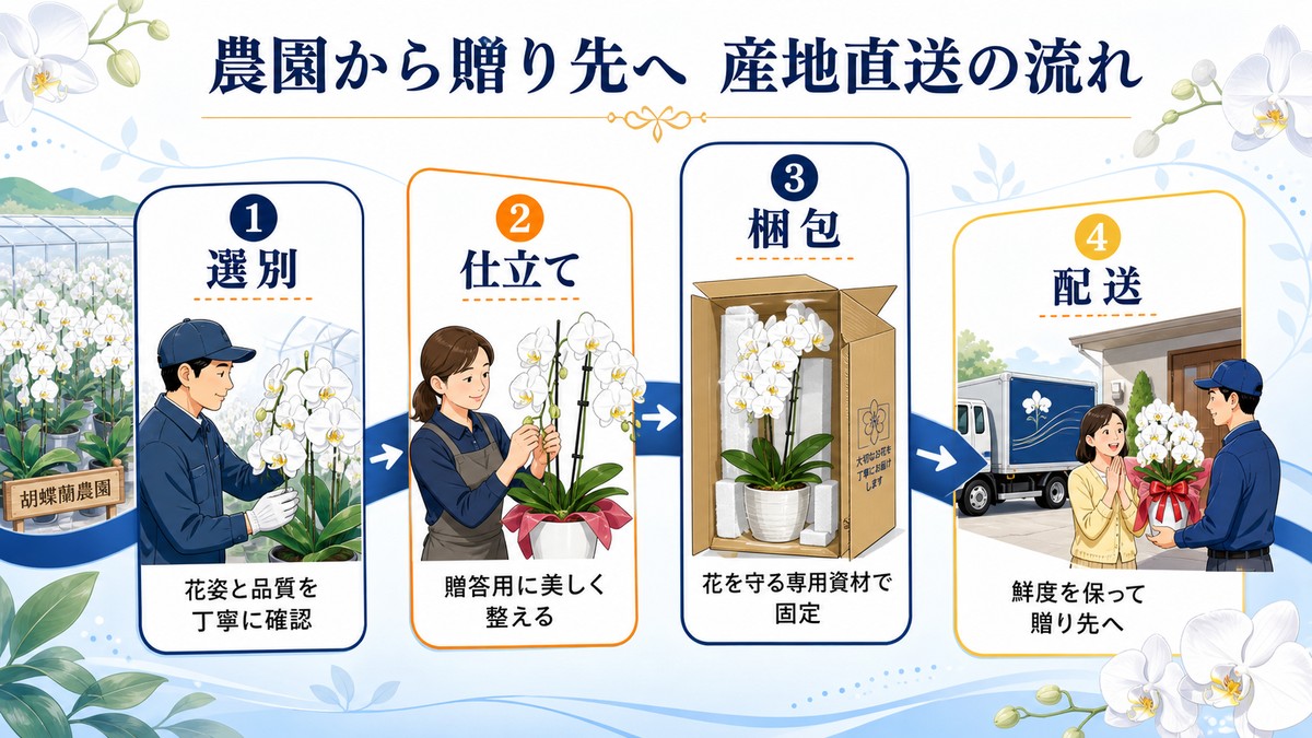 胡蝶蘭が農園から贈り先へ届く流れの図解