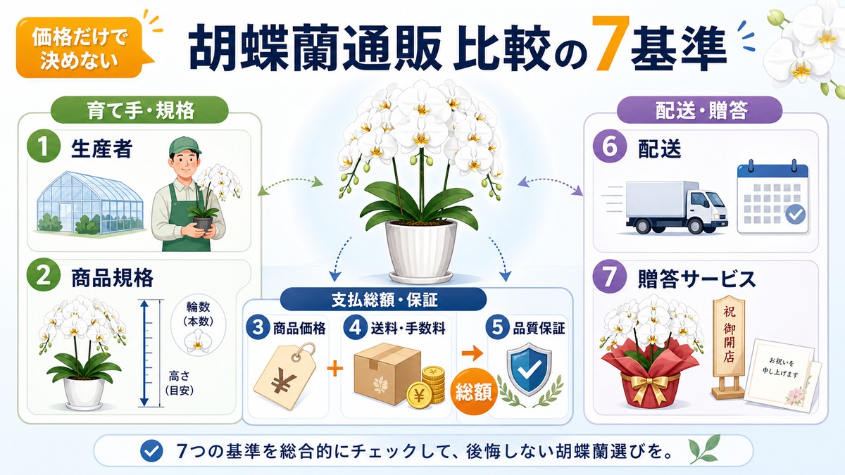 産地直送の胡蝶蘭通販を比較する7項目の図解