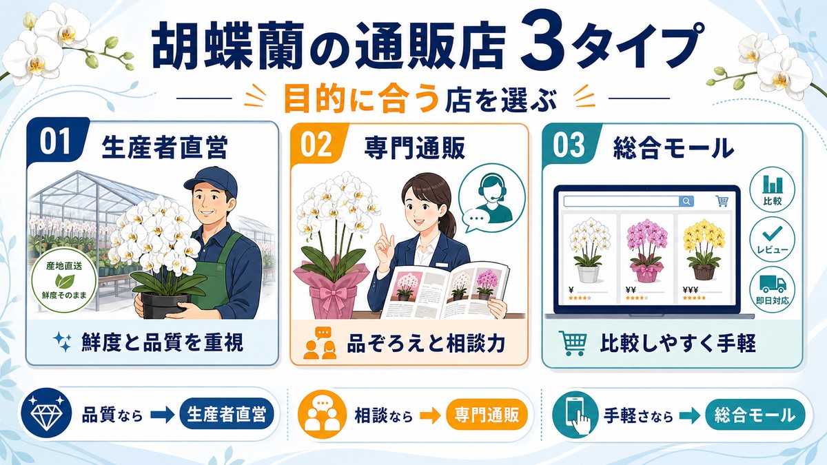 生産者直営型と専門通販型と総合モール型の比較図