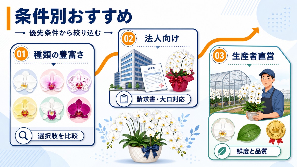 品ぞろえや法人対応など条件別の胡蝶蘭通販比較