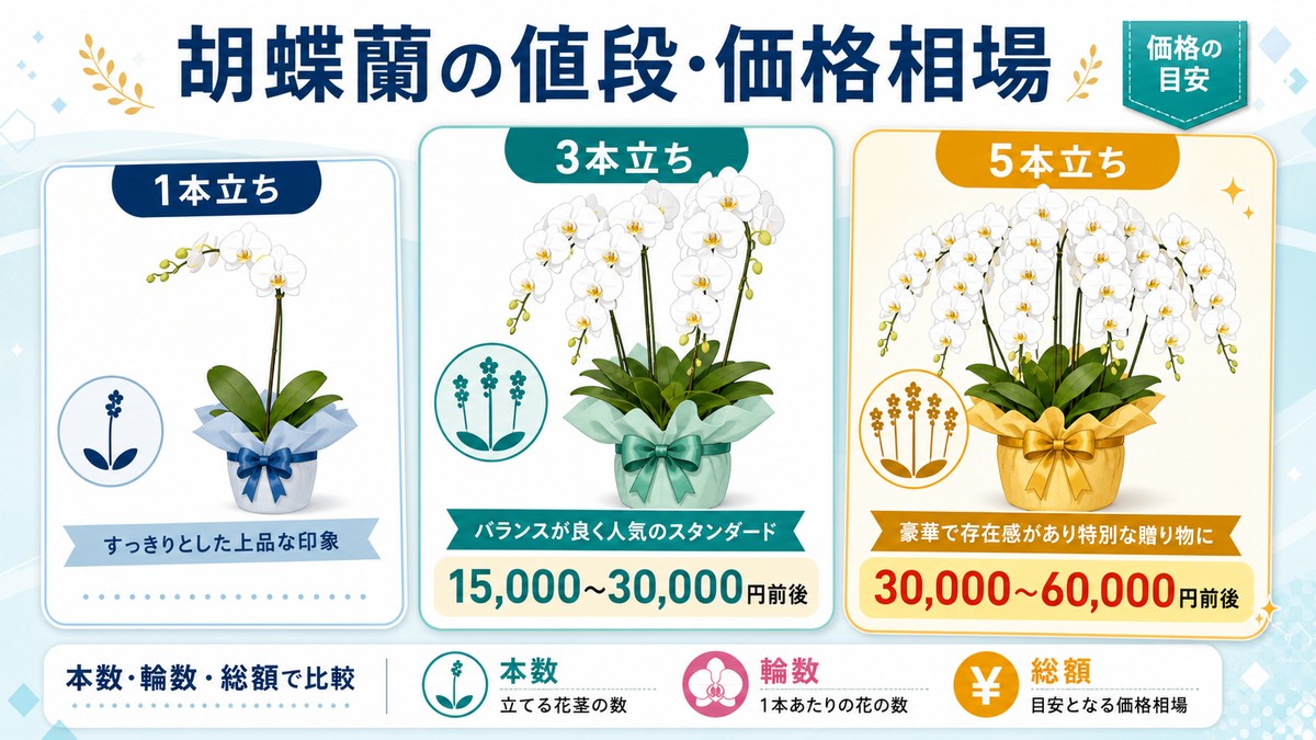 白大輪の3本立ち胡蝶蘭と値段相場を示すアイキャッチ