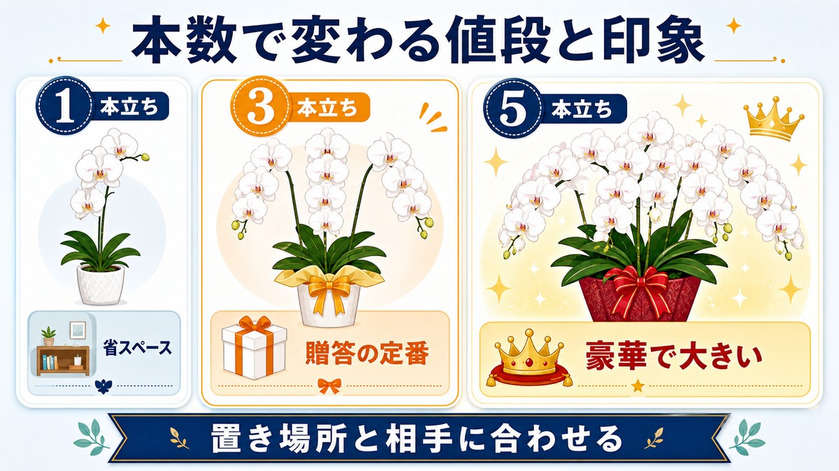 1本立ち・3本立ち・5本立ち胡蝶蘭の比較図