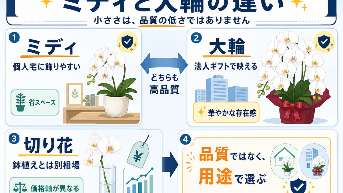 ミディ胡蝶蘭と大輪胡蝶蘭のサイズ比較