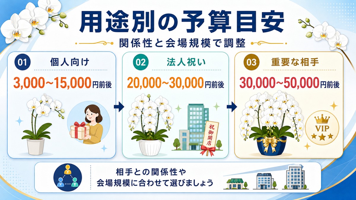 開店祝い・就任祝い・個人祝い・お供え別の胡蝶蘭予算