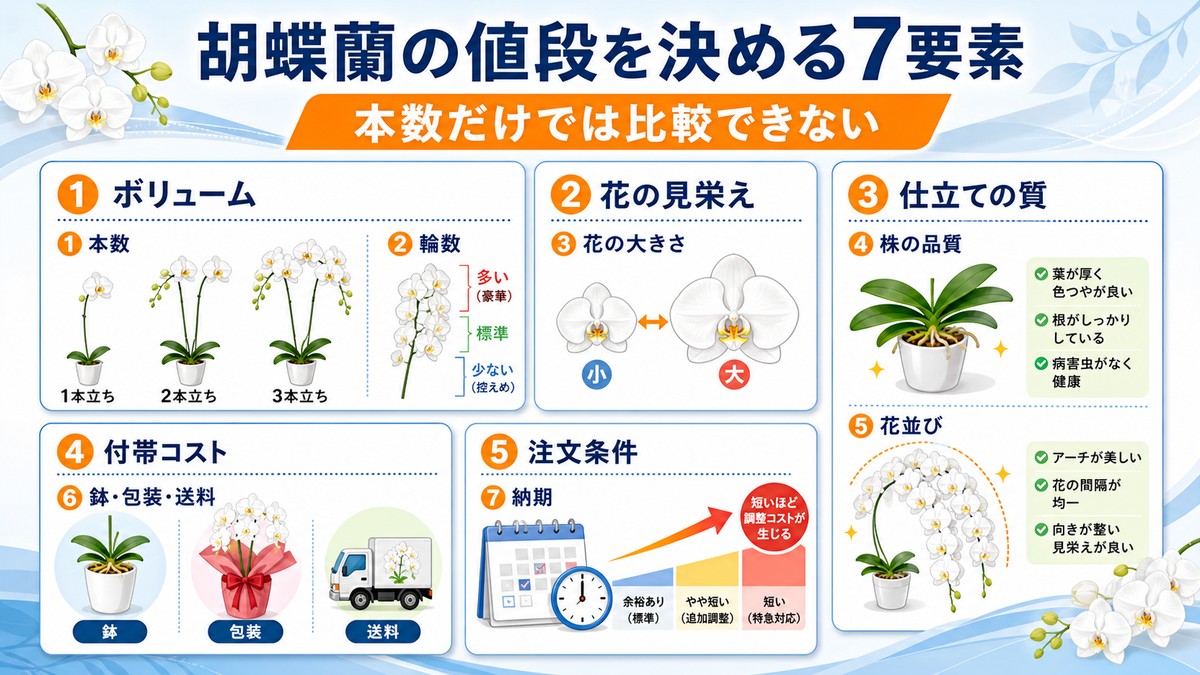 胡蝶蘭の価格を決める本数・輪数・品質・配送の図解