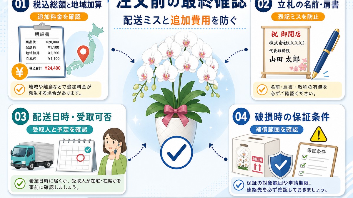 胡蝶蘭を注文する前に配送日や立札を確認する図解