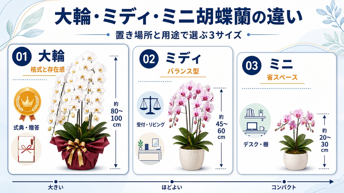 大輪・ミディ・ミニ胡蝶蘭を横に並べたサイズ比較