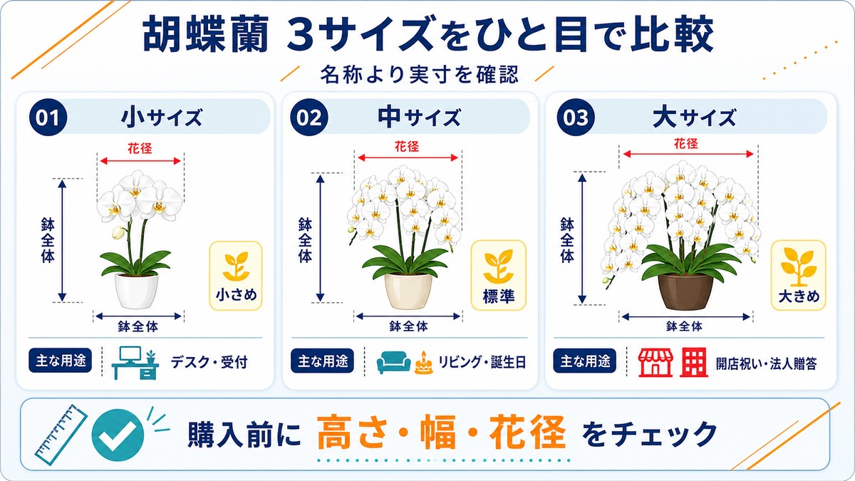 大輪・ミディ・ミニ胡蝶蘭の花と鉢全体の大きさを比較する図
