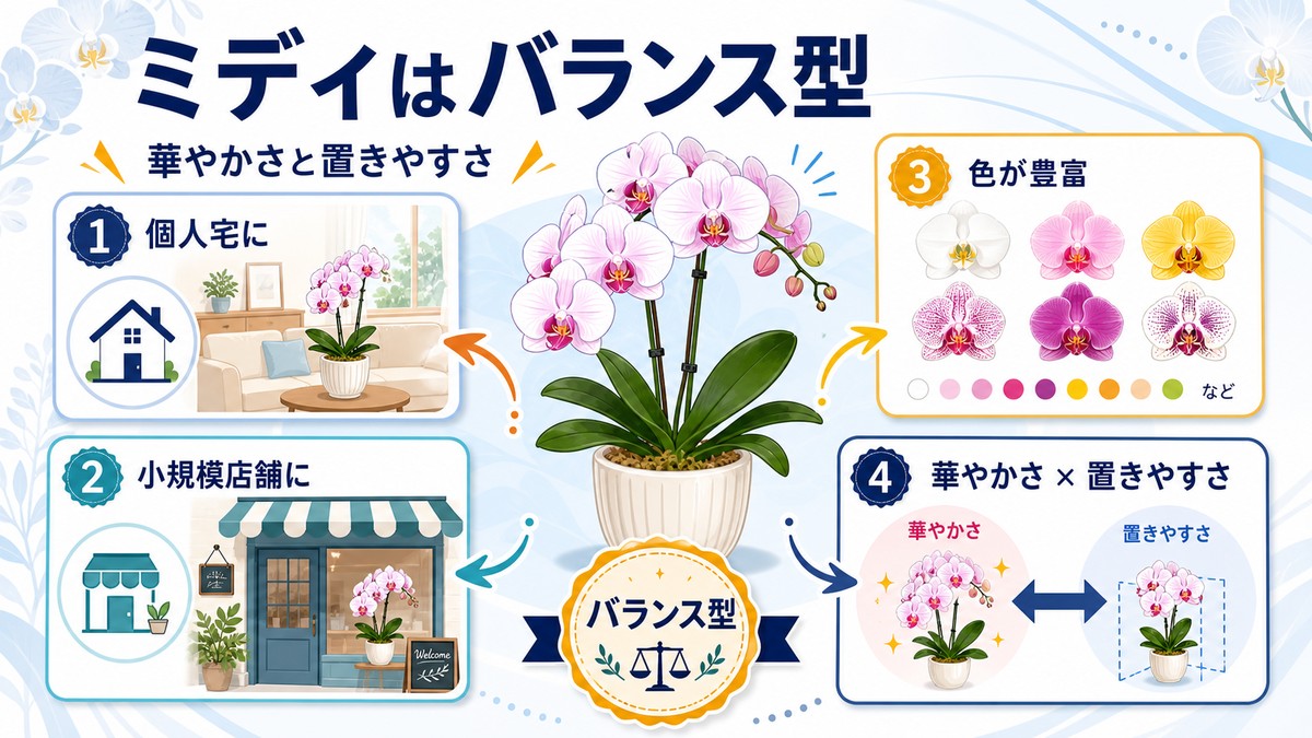 リビングに飾られた上品なミディ胡蝶蘭