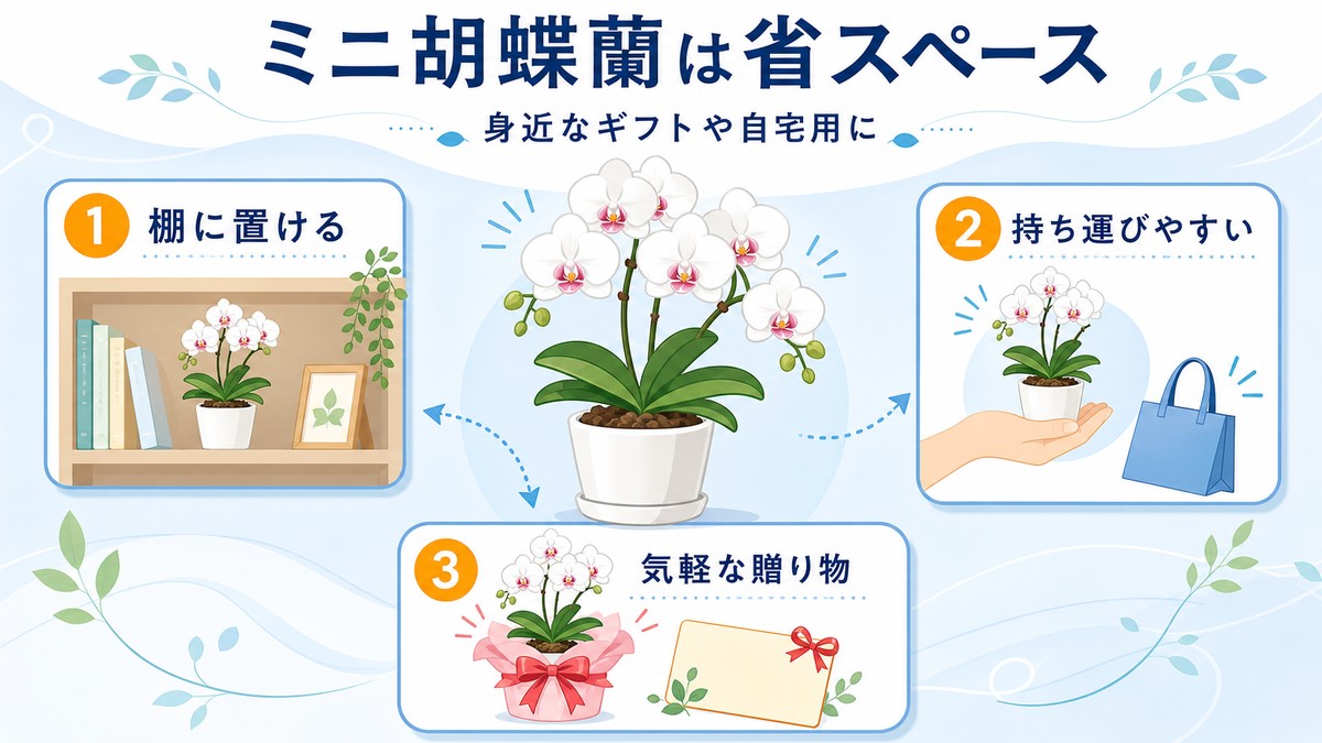 棚とデスクに置かれた小型のミニ胡蝶蘭