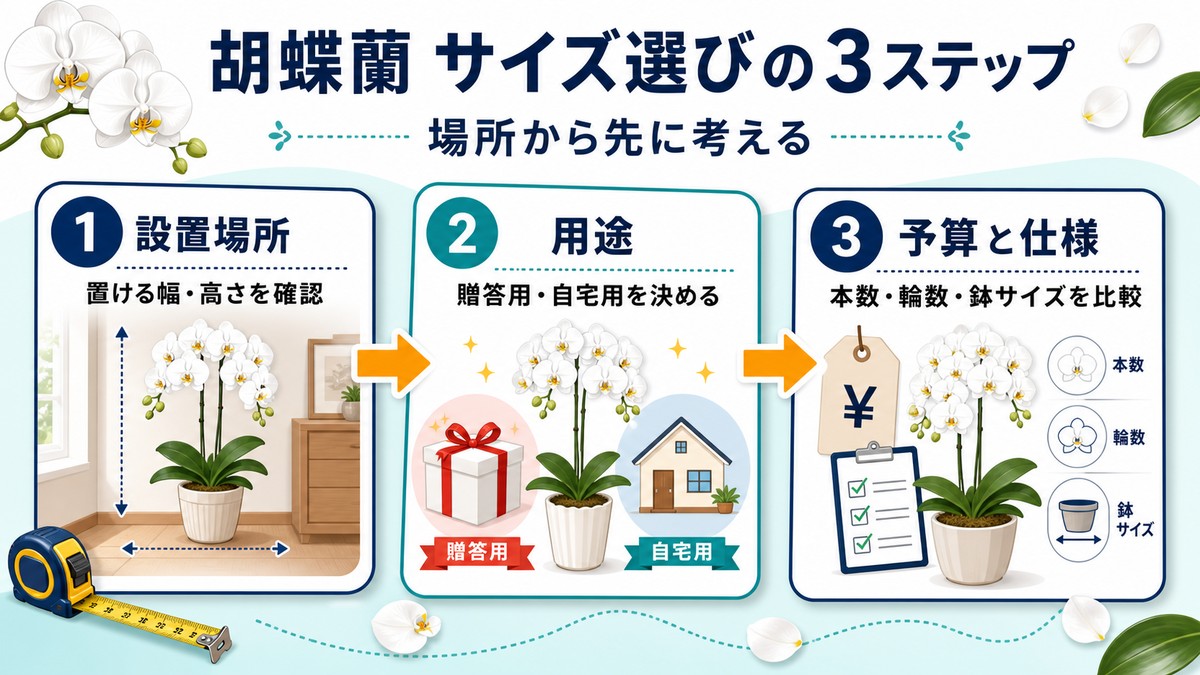胡蝶蘭のサイズを設置場所、用途、予算の順に決める図