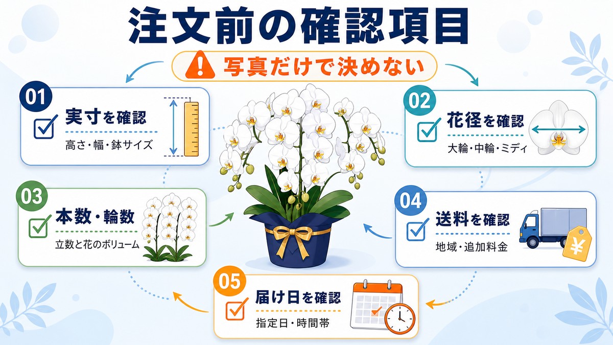 胡蝶蘭通販で全体寸法や本数、輪数、送料を確認するチェックリスト