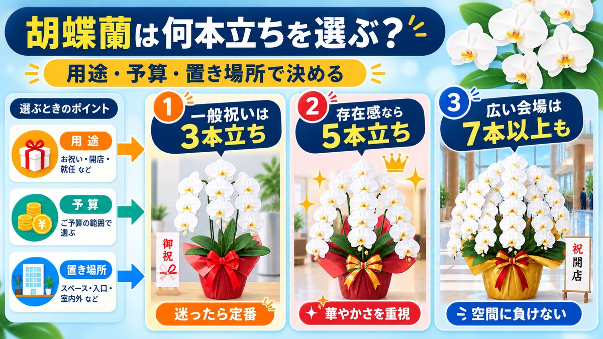 白い大輪胡蝶蘭の3本立ちと5本立ちを並べた比較イメージ