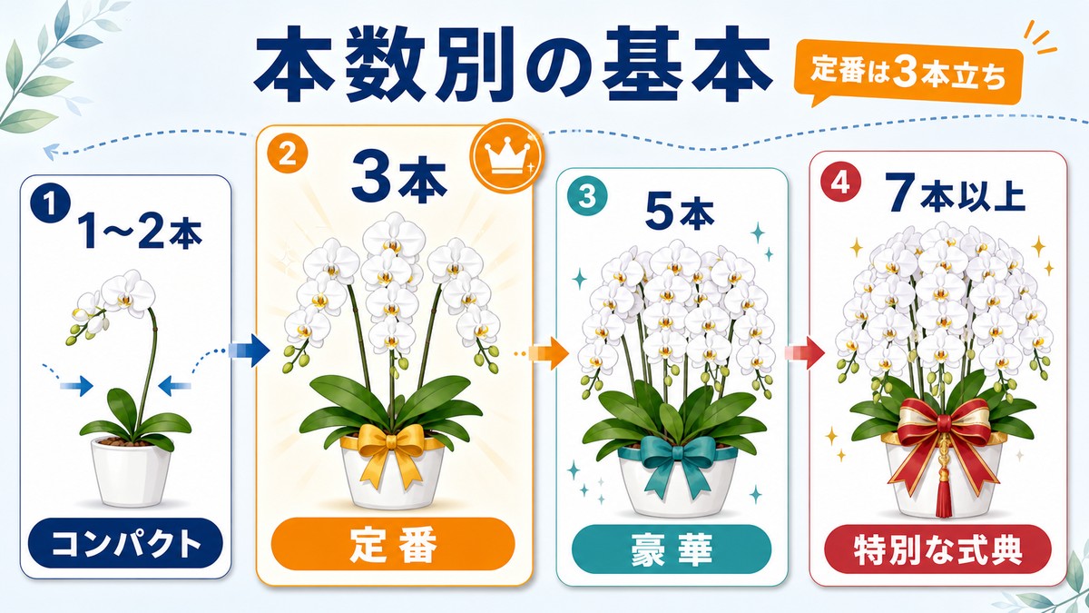 胡蝶蘭の1本立ちから7本立ちまでの特徴を示す図解