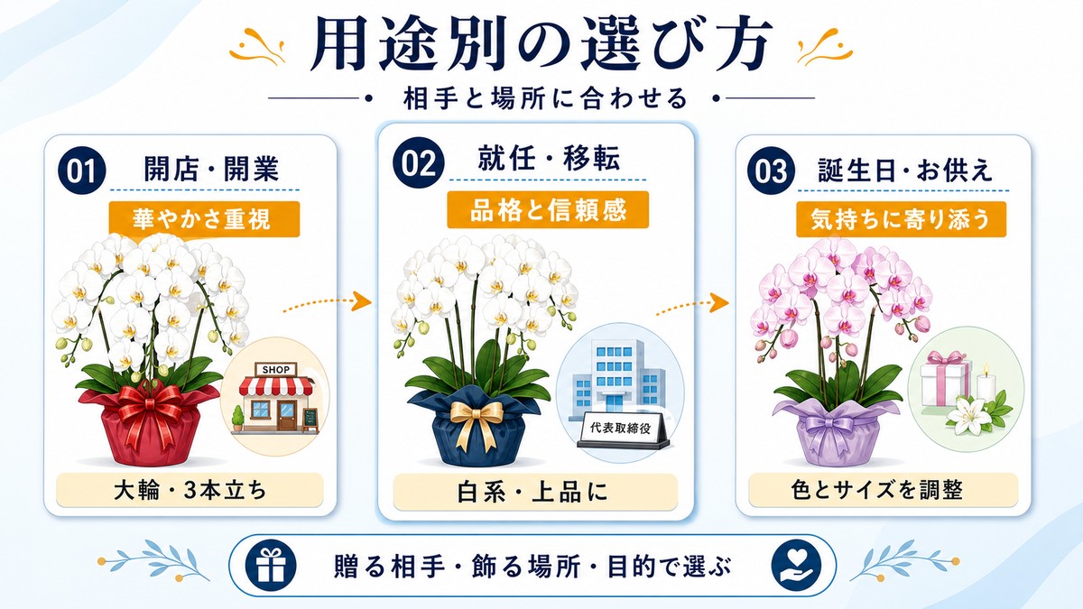 開店祝いや就任祝いなど用途別に選ぶ胡蝶蘭