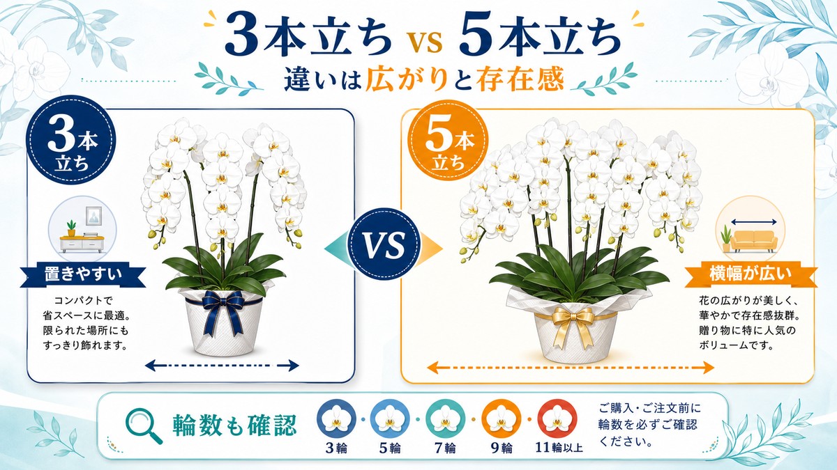 胡蝶蘭3本立ちと5本立ちのボリュームと設置性の比較図