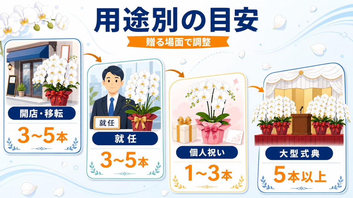 開店祝い、就任祝い、個人祝いに適した胡蝶蘭の本数を示すカード