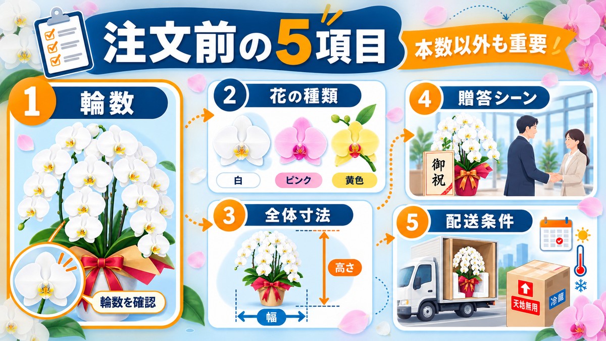 胡蝶蘭を注文する前に輪数と寸法と配送条件を確認する図解