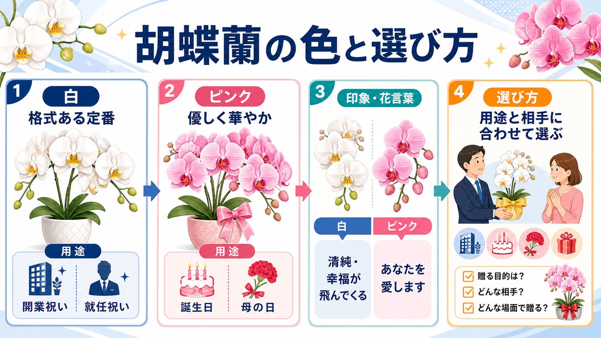 白、ピンク、黄色、紫、青など色とりどりの胡蝶蘭