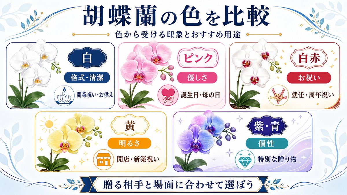 胡蝶蘭の色ごとの印象と用途を比較した図