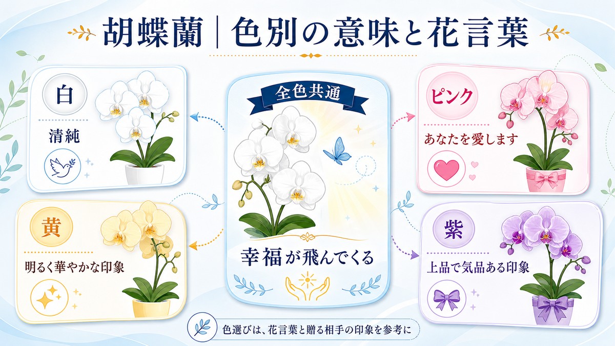 白とピンクの胡蝶蘭の花言葉を紹介する図