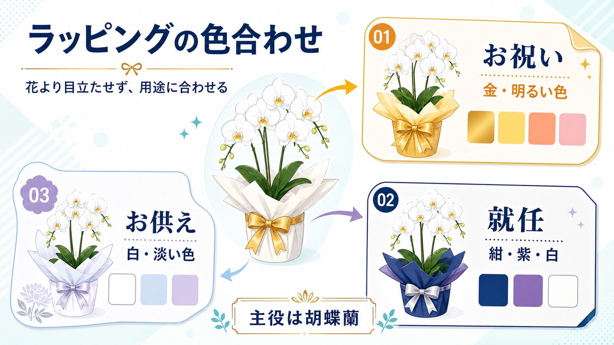 胡蝶蘭とラッピングの色の組み合わせ例