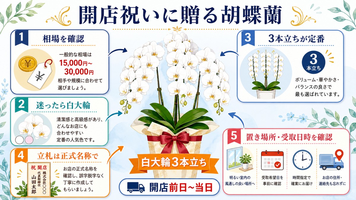 開店祝いとして店舗に飾られた白い大輪胡蝶蘭