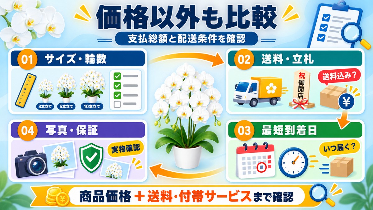 開店祝い用胡蝶蘭の通販店を比較する項目