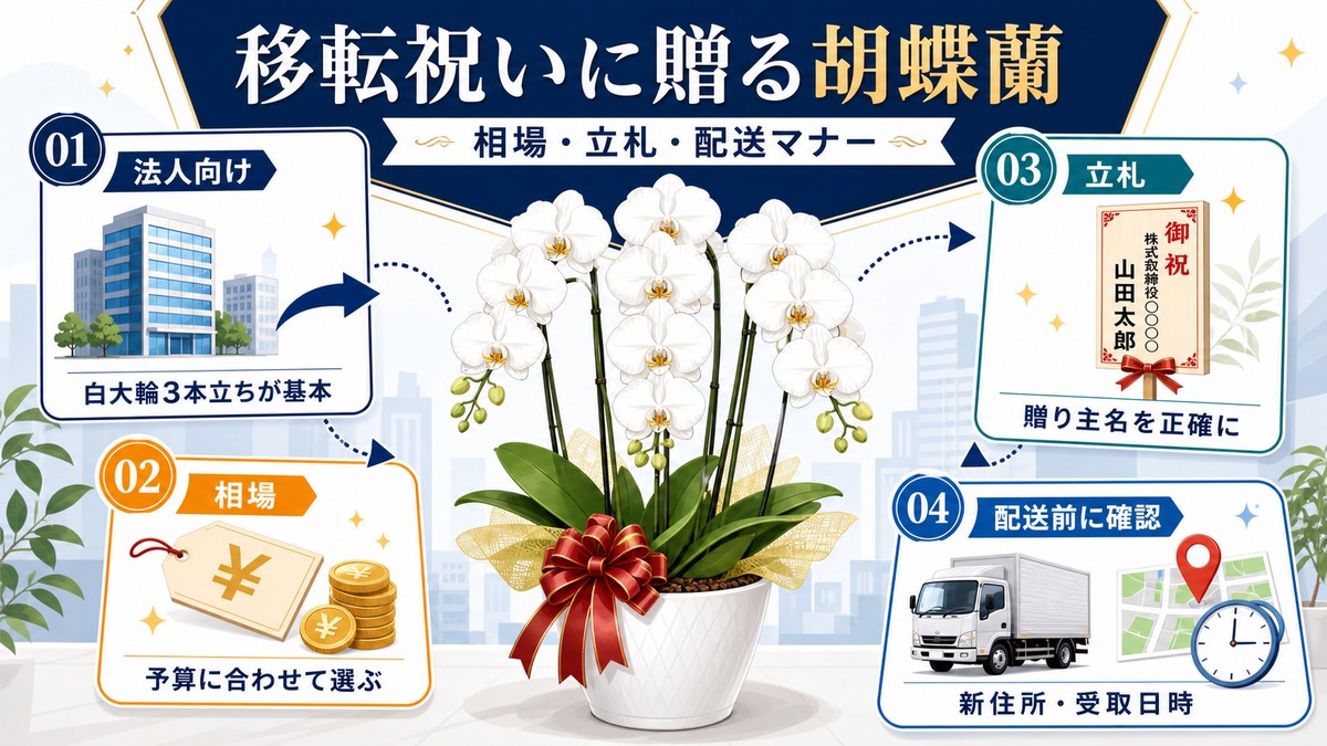 明るい新オフィスの受付に飾られた移転祝いの白い胡蝶蘭