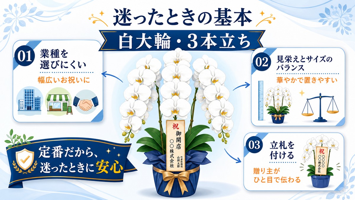 移転祝いの胡蝶蘭を選ぶ基本条件を示す図解