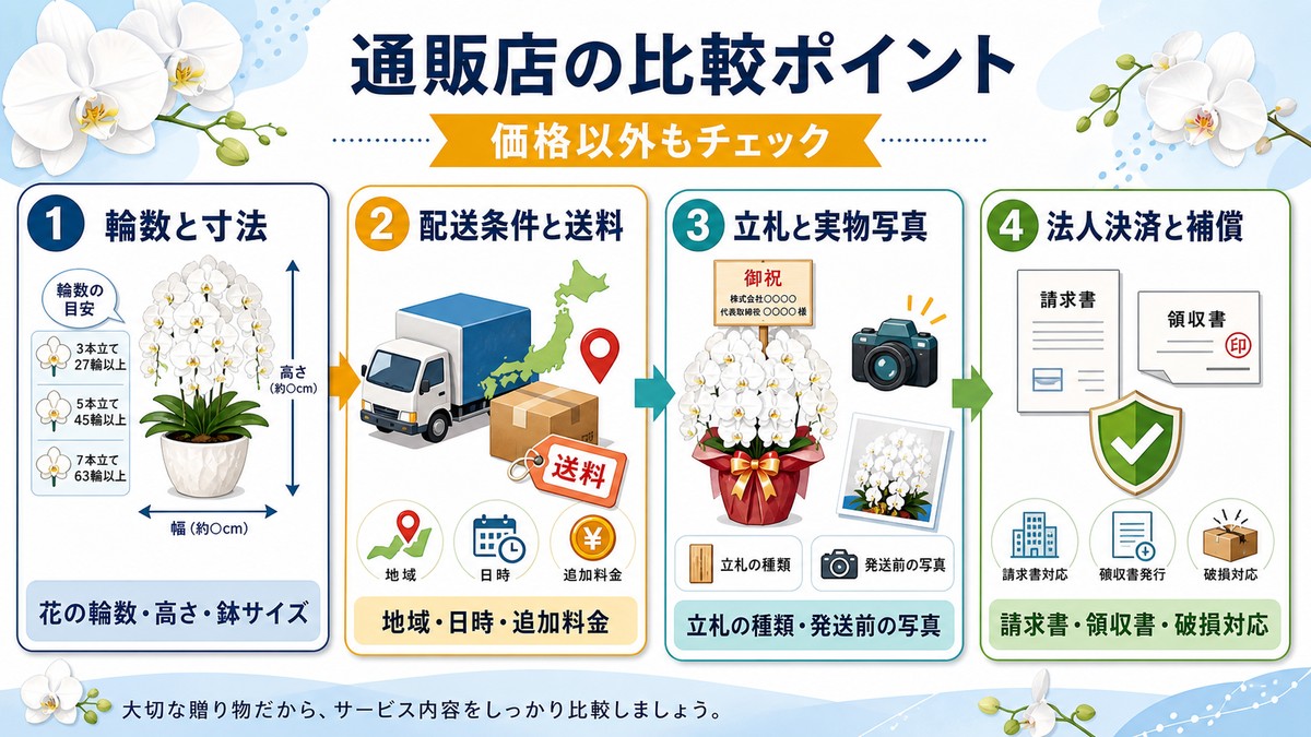法人向け胡蝶蘭通販店の比較項目をまとめた図解