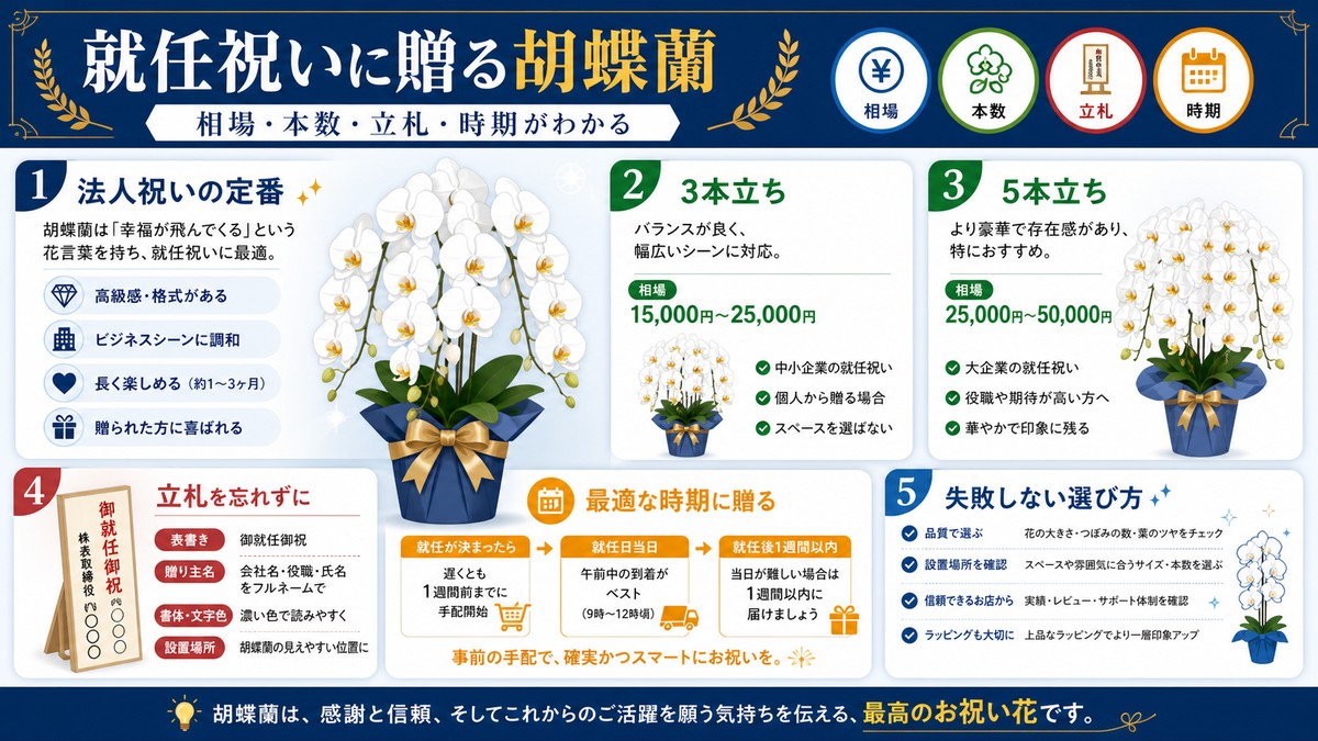 社長の就任祝いとして贈られる白い大輪胡蝶蘭と立札