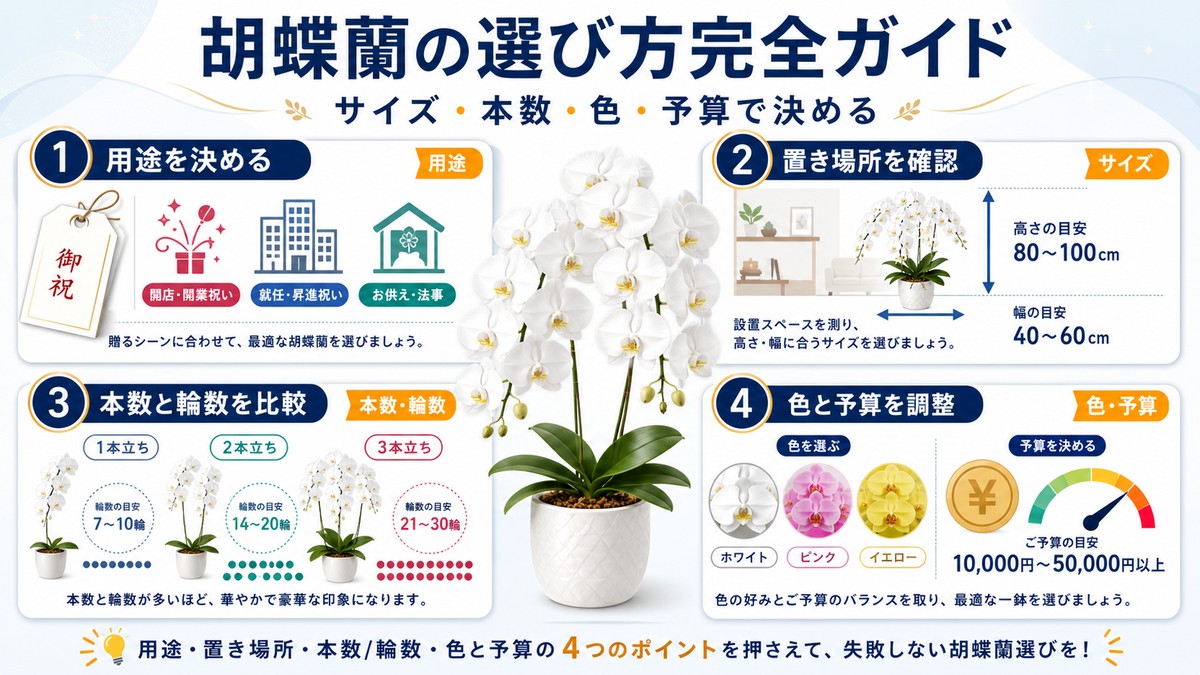 白大輪の胡蝶蘭をサイズ・本数・色・予算で比較する選び方ガイド
