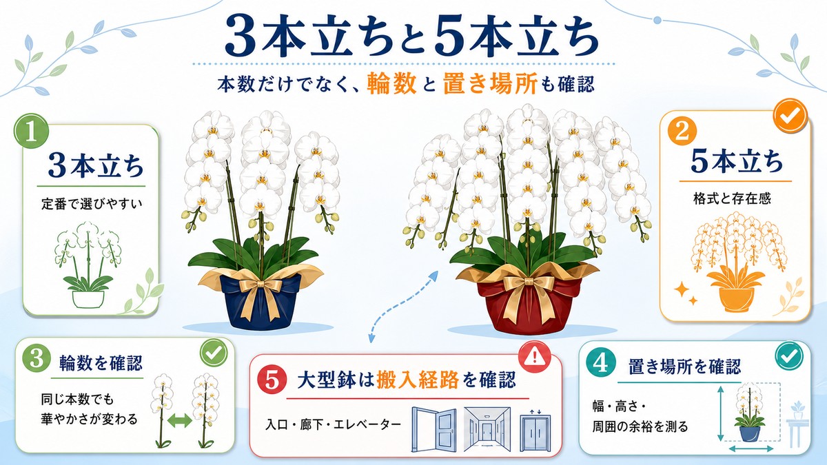 就任祝い用の胡蝶蘭3本立ちと5本立ちの比較図