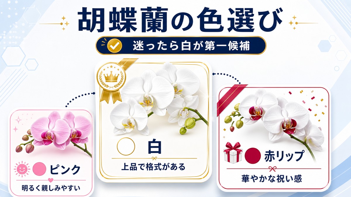 白、赤リップ、ピンクの就任祝い用胡蝶蘭の色比較