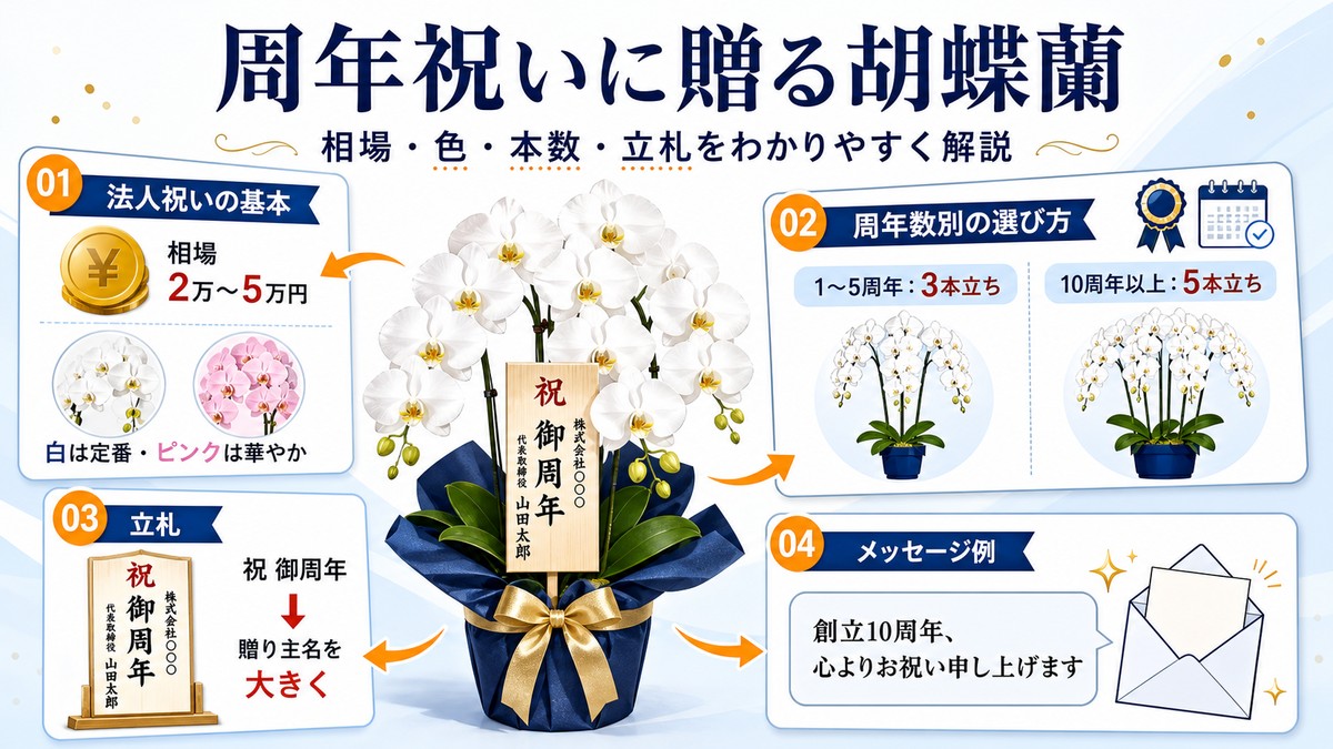 周年祝いとして企業の受付に飾られた白い胡蝶蘭