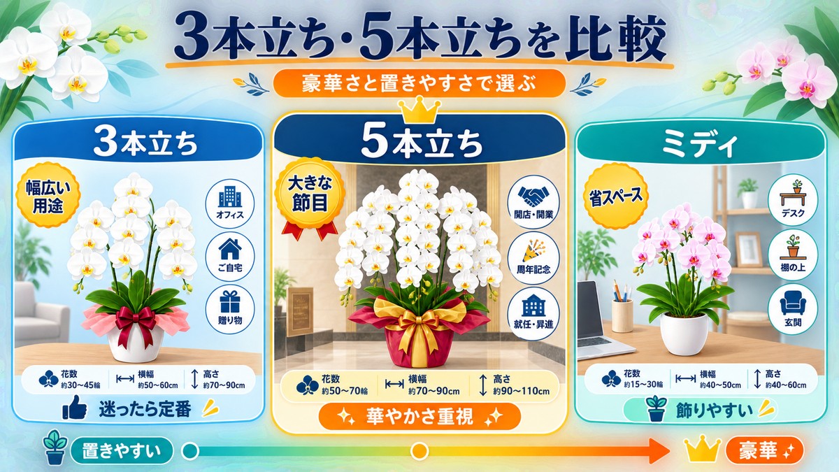 3本立ちと5本立ちの周年祝い向け胡蝶蘭の比較