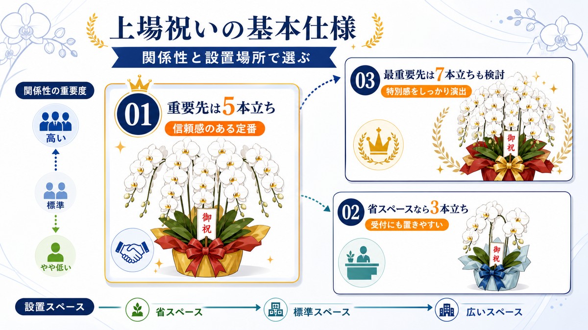 上場祝い向け胡蝶蘭の3本立ちと5本立ちの比較図