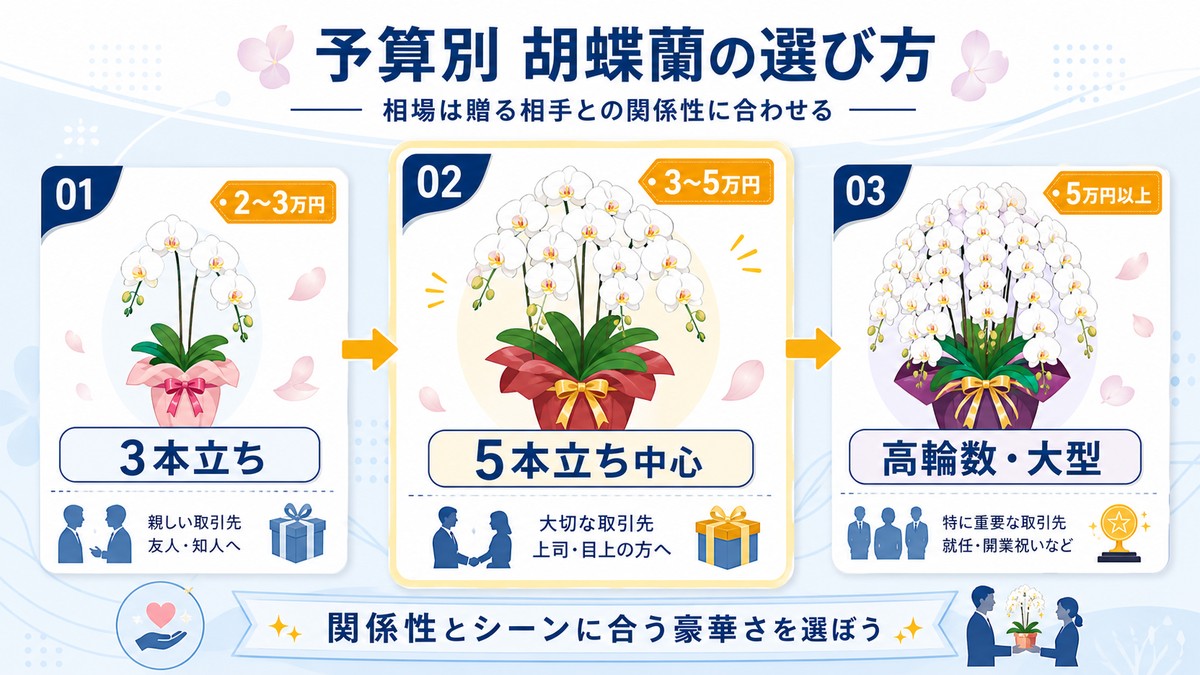 上場祝いに贈る胡蝶蘭の予算別比較表