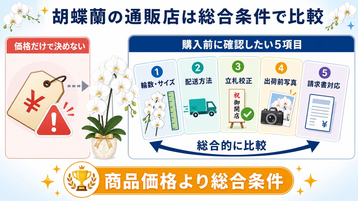 法人向け胡蝶蘭通販店を比較するチェック項目