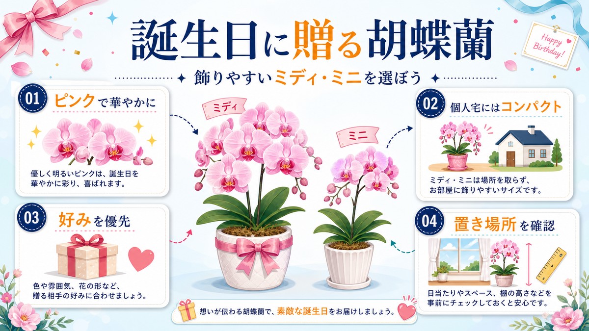 誕生日祝い用にラッピングされたピンクのミディ胡蝶蘭