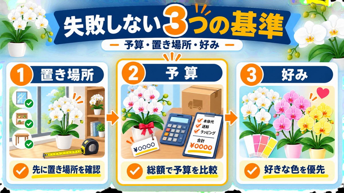 誕生日祝いの胡蝶蘭を選ぶ3つの基準を示す図解