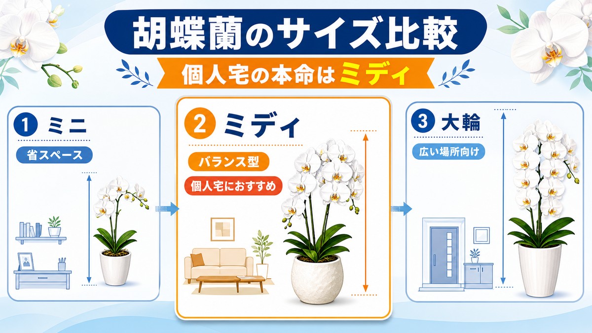 ミニ胡蝶蘭とミディ胡蝶蘭と大輪胡蝶蘭のサイズ比較