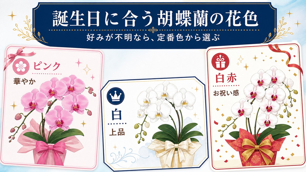誕生日に贈る胡蝶蘭のピンク白白赤リップの色比較