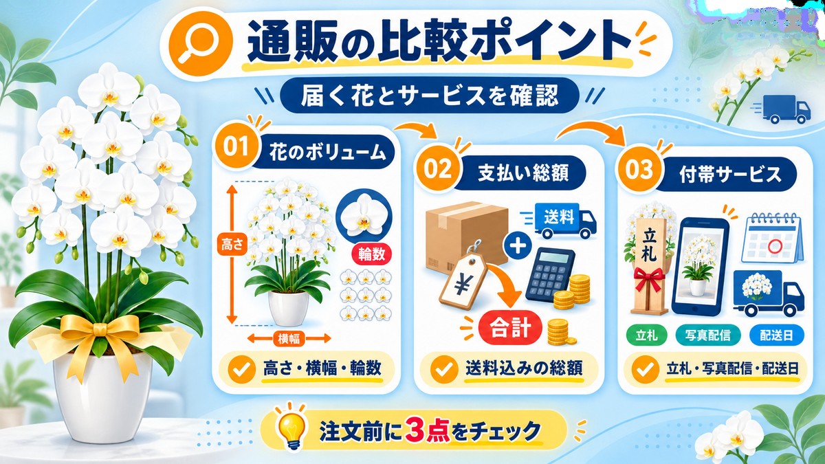 胡蝶蘭通販の注文前チェック項目を示す図解