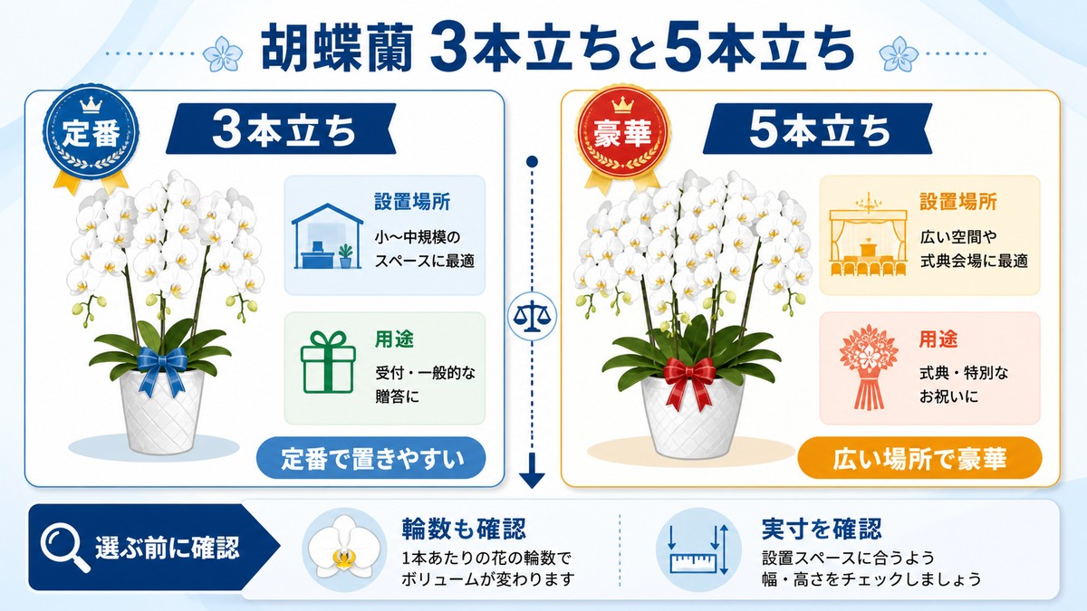 胡蝶蘭の3本立ちと5本立ちのボリューム比較